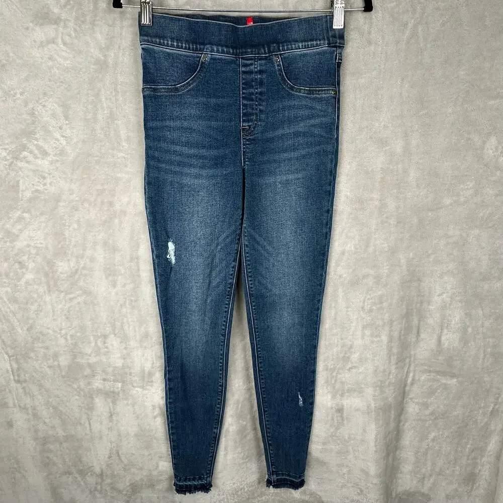 Spanx Jeans Womens Small Blue Skinny High Rise Raw Hem Slimming Stretch Casual